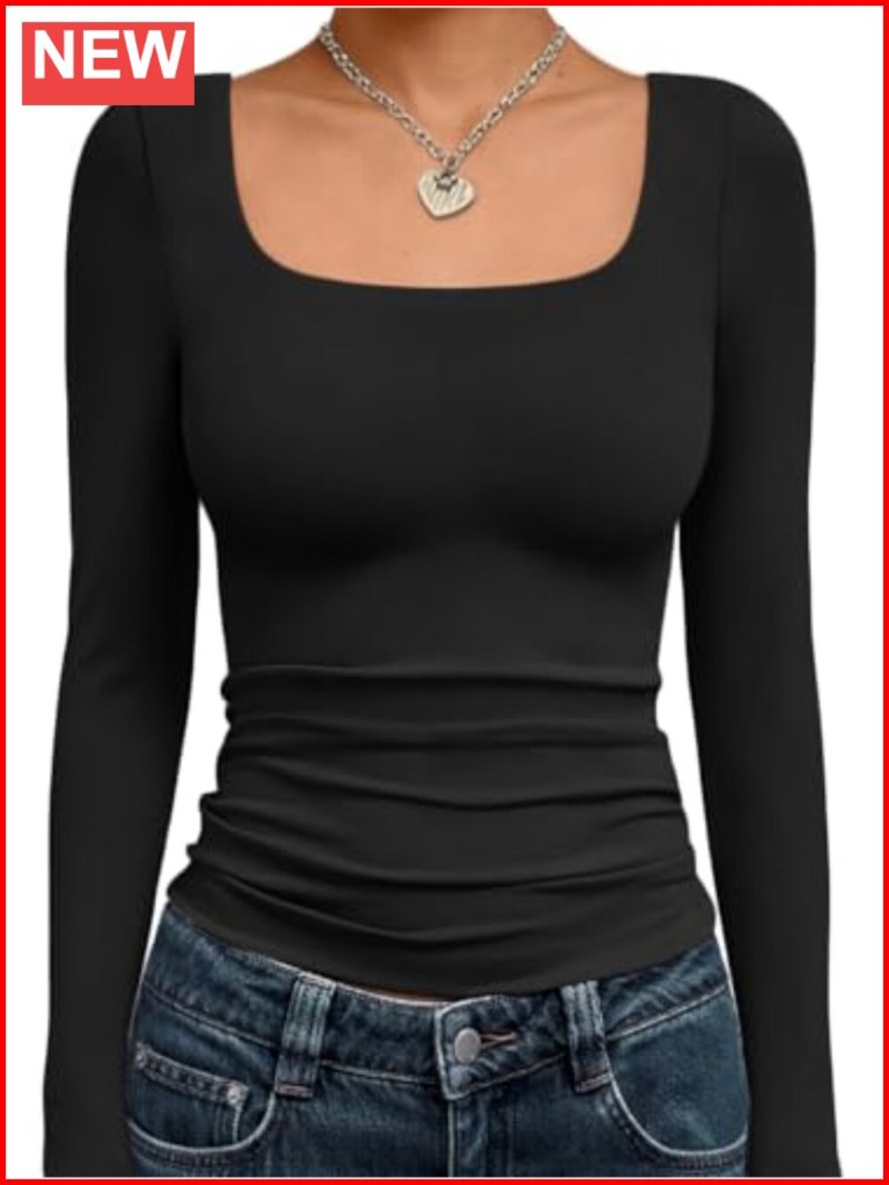 Square Neck Long Sleeve Top Double Lined Slim Fit T-Shirt